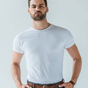 Stylish young man in white shirt isolated on white background